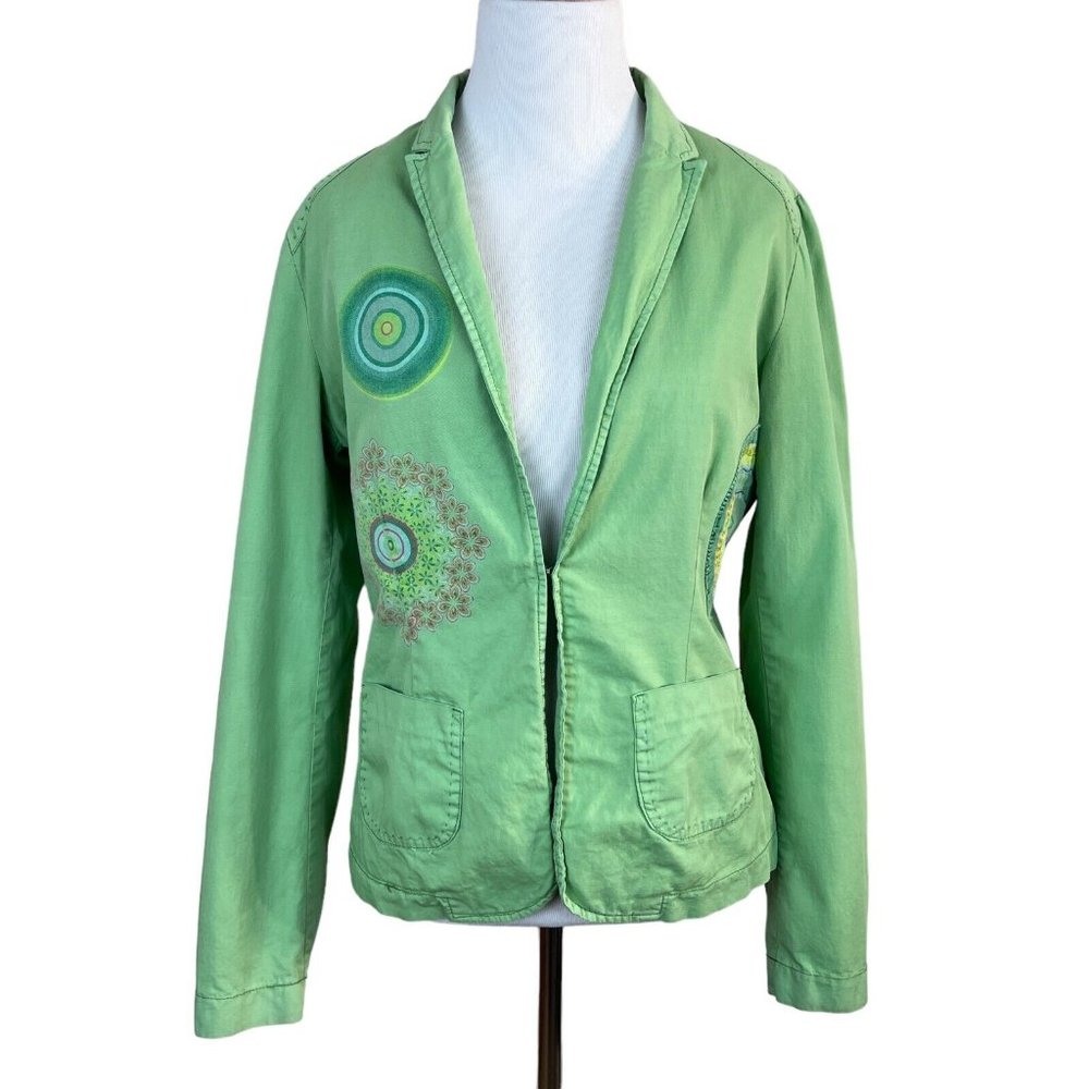 Desigual Blazer Jacket Womens 6 Green Artsy Graphic Stencil Patch 100%β Cotton